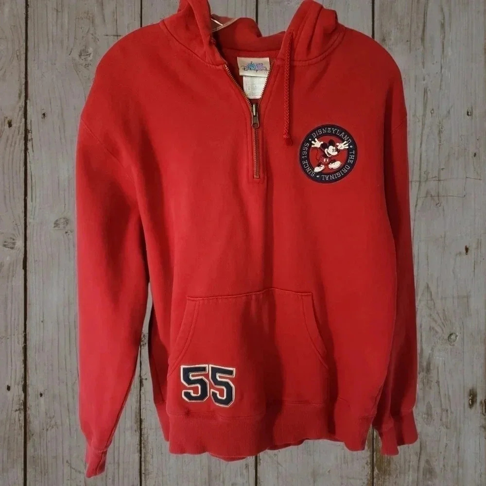 Mickey Mouse Disneyland 55 Years Pullover Hoodie 1/4 Zip Sweatshirt Red  Size S - Picture 2 of 9